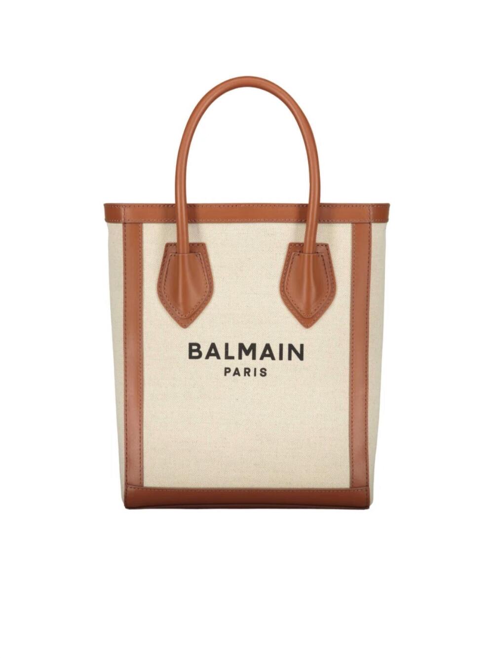NEW BALMAIN women's leather trimmed canvas tote bag in beige